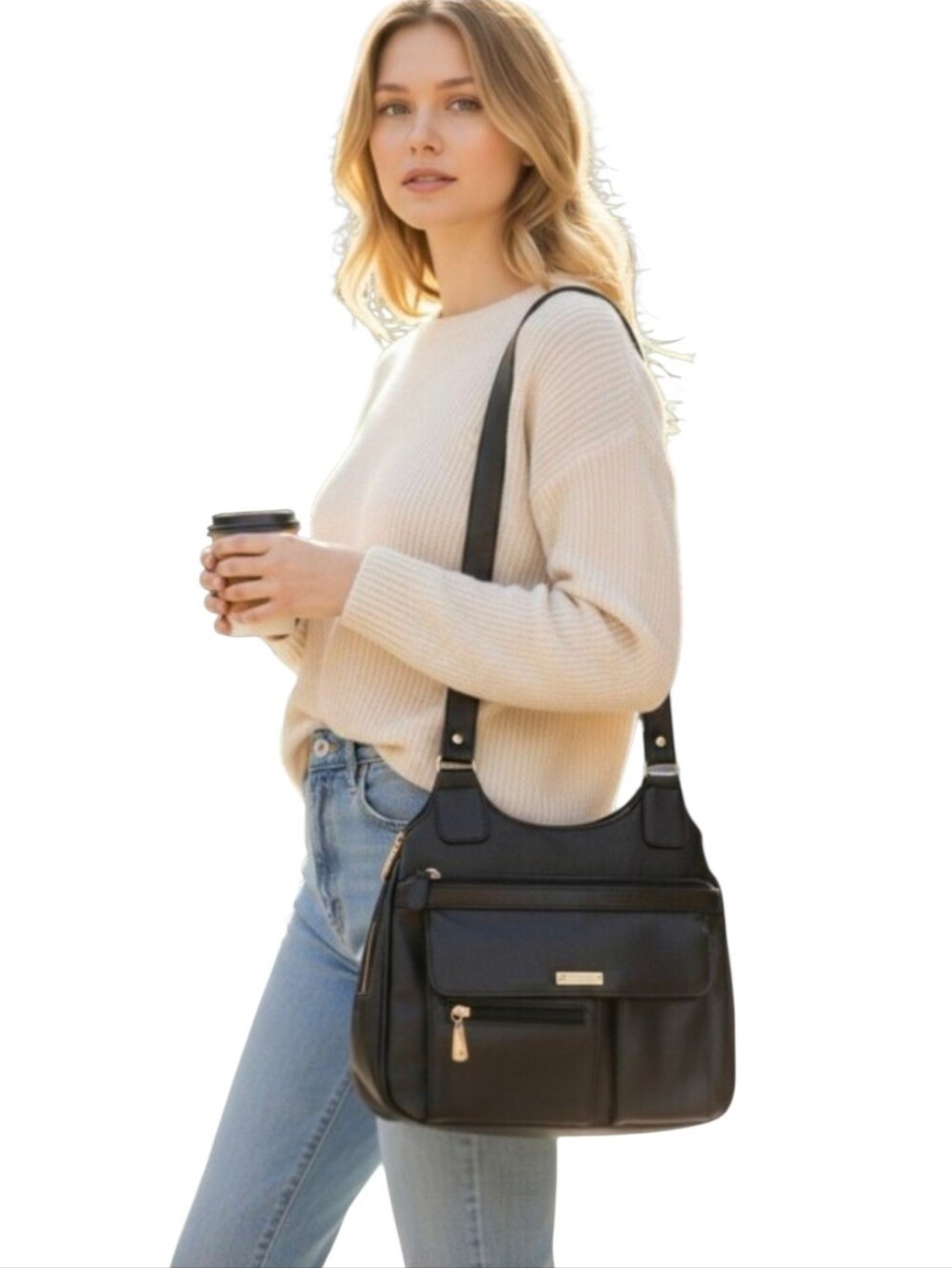 S Collection Vintage Black Leather Shoulder Bag Multi-Pocket Organizer Purse